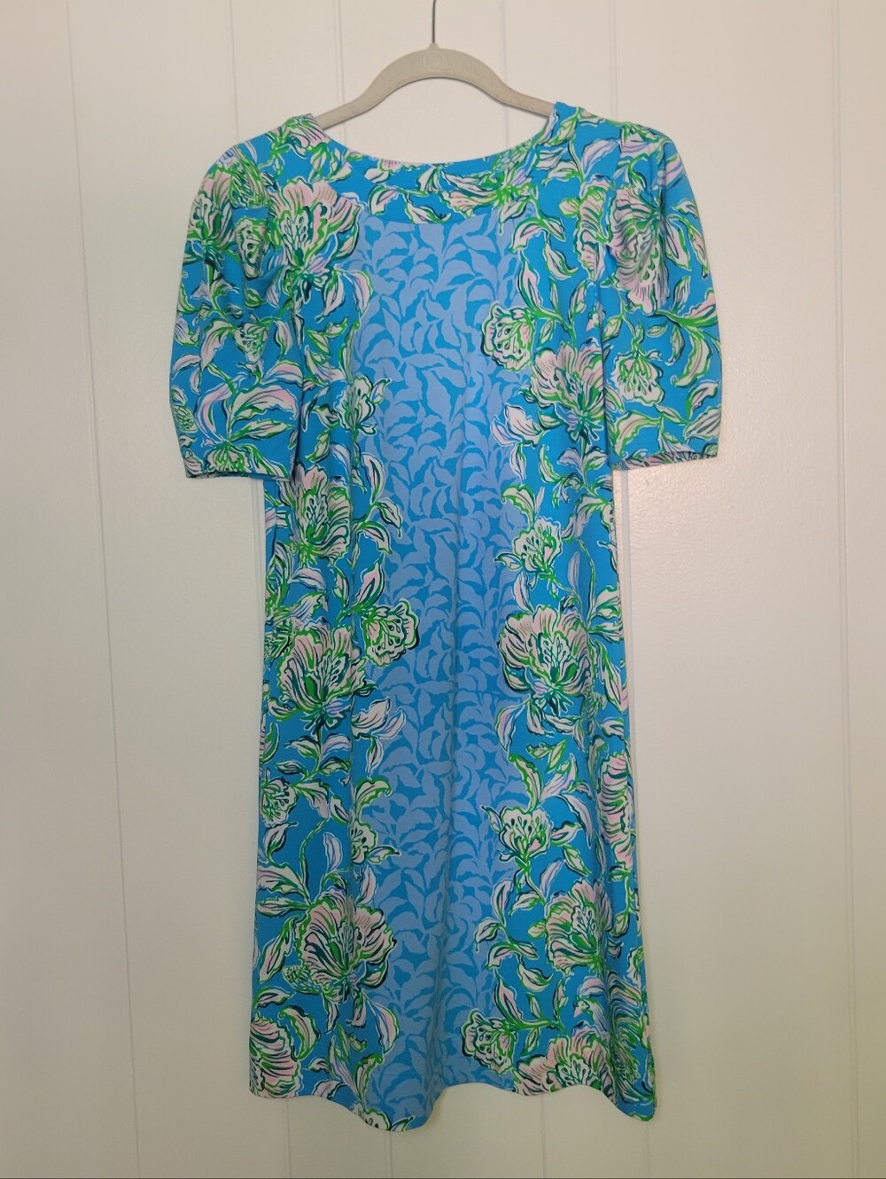 Lilly Pulitzer Puff Shoulder Dress Blue Multi Floral 100% Cotton Resort Beach S